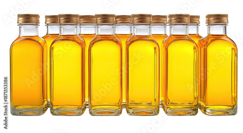 Row of clear glass bottles filled with golden liquid
