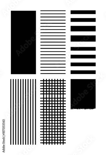 Black and white patterns including solid blocks and various line arrangements lines stripes