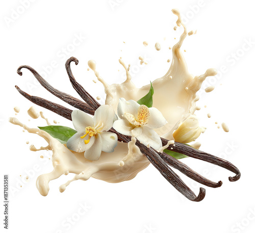 Vanilla pods and flowers in a creamy splash