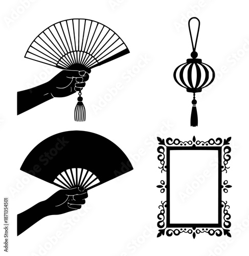 Black silhouette of hands holding fans and decorative including a lantern and ornate frame