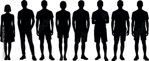 A diverse group of seven fullbody silhouettes depicting men and one woman standing in various casual outfits isolated on a transparent background