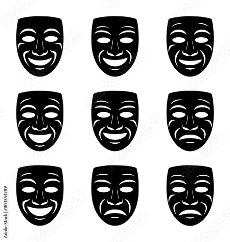 Black theatrical masks displaying various emotions a white drama comedy