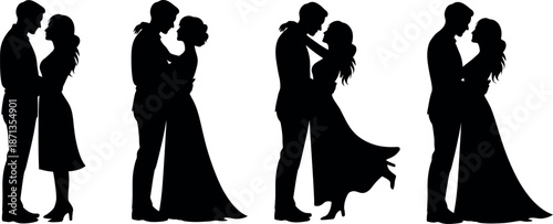 Diverse couple silhouettes in romantic embraces capturing moments of love and celebration suitable for wedding invitations or romantic themes