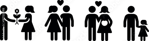 Diverse family life cycle representations showing love romance pregnancy and parenthood with icons isolated on transparent background