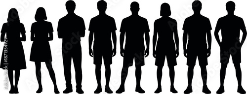 Diverse group of adult male and female silhouettes standing together in casual attire showcasing different body types and heights