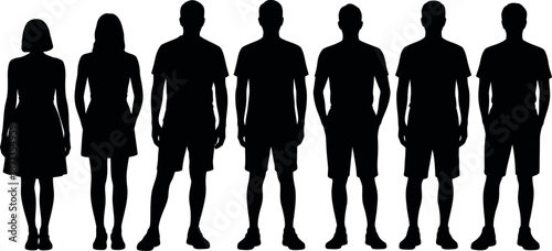 Diverse group of male and female silhouettes standing together in casual clothing isolated on transparent background representing unity and variety