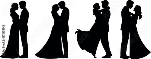 Romantic silhouettes of couples embracing in various poses representing love and celebration on a transparent background