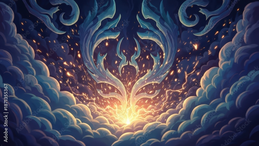 Obraz premium Magical glowing light erupts from ethereal clouds, creating a dreamlike celestial spectacle.