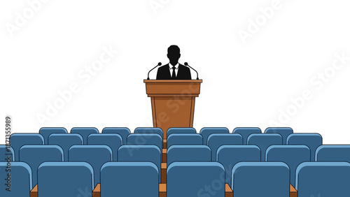 Public speaker silhouette at a podium in an empty conference room, ready for an important presentation or formal address