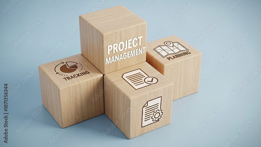 Fototapeta premium Wooden blocks representing key project management concepts