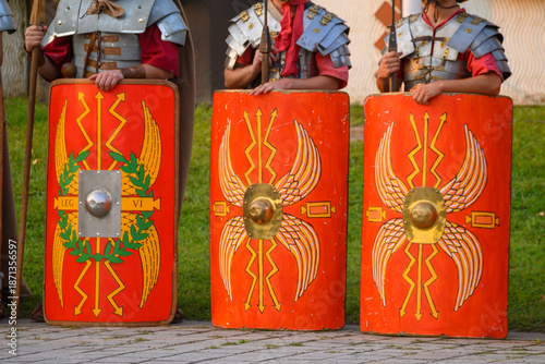 Tableau sur toile Three roman scutum shields in formation the concept of unity and defense