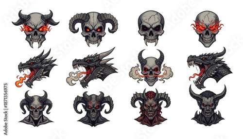 Stylized Dark Fantasy Skulls and Dragon Heads with Horns and Glowing Features.