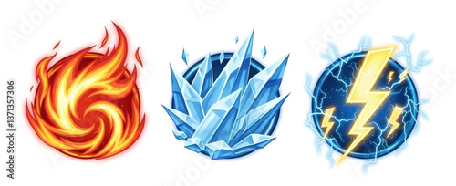 Elemental game icons: fiery swirl sharp ice shards and powerful lightning bolt on dark sphere.