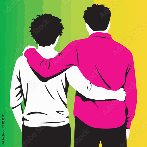 Two people embracing with arms around each other against a rainbow background