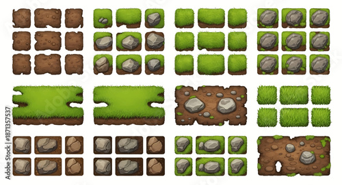 Cartoon game tileset featuring grass dirt and rock textures for digital environments and platformer games.