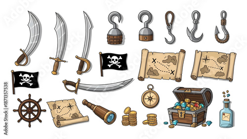 Vintage pirate accessories collection with swords maps chest and compass.