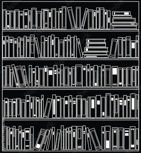 A black and white outline illustration of a full bookshelf, representing literature and knowledge