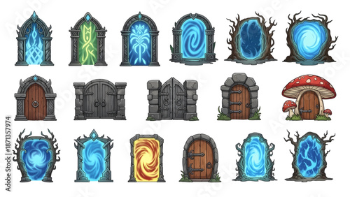 Fantasy game portals and magical doors collection with glowing energy and rustic designs.