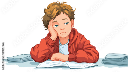 Bored Kid in Classroom Doing Homework or Sitting on Boring School Lesson