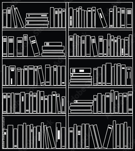 A black and white illustration depicting a fully stocked bookshelf with multiple shelves of books