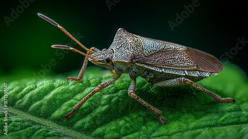 A hyper-realistic, macro close-up of a brown stink bug perfectly camouflaged on a vibrant green leaf.