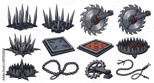 Dangerous medieval fantasy game traps sharp spikes saw blades chains and mechanical elements collection.