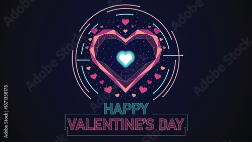 A visually captivating vector illustration that puts a modern, high-tech spin on a classic romantic theme.  The greeting "HAPPY VALENTINE'S DAY" is rendered in a sleek, neon-style