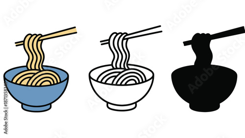 A colorful illustration of noodles being picked up with chopsticks from a bowl