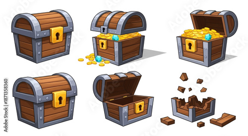Set of cartoon wooden treasure chests: closed opening full of gold empty and broken with metal details.