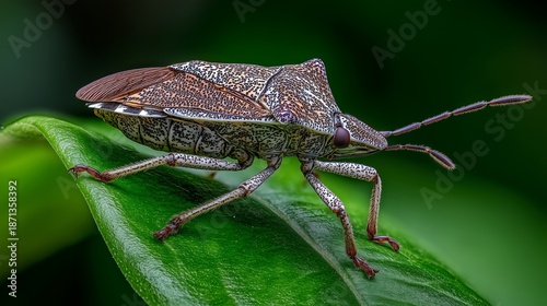 A hyper-realistic, macro close-up of a brown stink bug perfectly camouflaged on a vibrant green leaf.