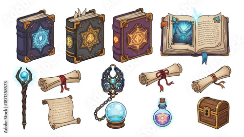 Collection of Fantasy Magic Items: Ornate Spellbooks Scrolls Staff Potion Amulet Crystal Ball and Treasure Chest.
