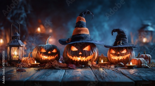A hyperrealistic, richly atmospheric wide-angle photograph capturing a classic Halloween scene at night. Three prominent, glowing jack-o'-lanterns are arranged on a rustic, weathered wooden table or p