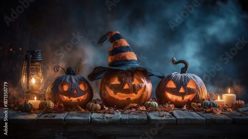 A hyperrealistic, richly atmospheric wide-angle photograph capturing a classic Halloween scene at night. Three prominent, glowing jack-o'-lanterns are arranged on a rustic, weathered wooden table or p