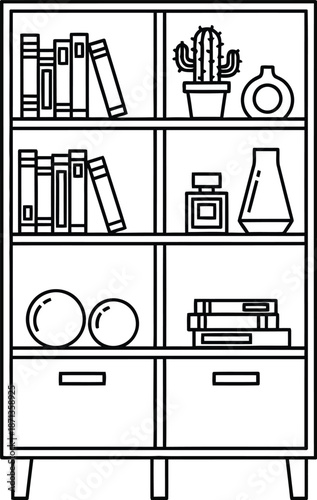 A line art drawing of a modern wooden bookshelf with various home decor items on shelves