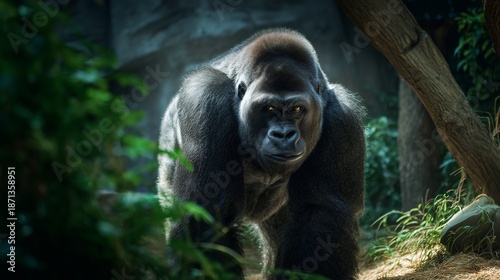 A hyperrealistic, striking photograph of a powerful adult silverback gorilla in its naturalistic habitat within a well-designed 
