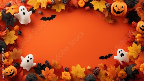 A hyperrealistic, vibrant flat lay Halloween-themed background or frame. The central area is a clean, solid orange color, providing a space for text or other elements. 