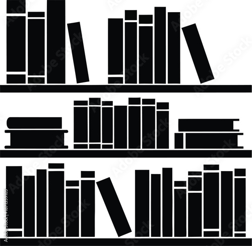 A black silhouette icon of a bookshelf filled with books representing library and education