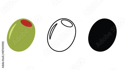 A colorful illustration of three olives in different styles and colors