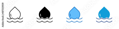 Water Flood Multiple Style Icon Design Vector - Water drop over waves symbolizing flooding, overflow, and rising water levels