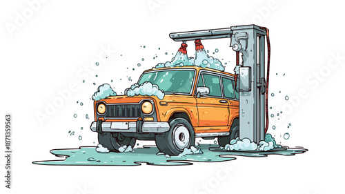 Car Wash Cartoon Illustration on White Background with Outline for Marketing Materials