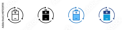 Reusable Battery Multiple Style Icon Design Vector - Rechargeable battery with circular arrows representing reuse, recycling, and energy efficiency
