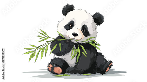 Cute Baby Panda Eating Bamboo Vector Illustration with Outline Isolated