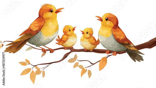 Charming Cartoon Bird Family on Tree with Outline Isolated Vector Illustration