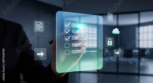 Professional businessman using a digital stylus to complete an online checklist and manage corporate tasks on a futuristic virtual interface for efficient document workflow processing