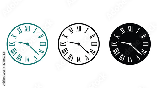 Three clocks with Roman numerals on white background