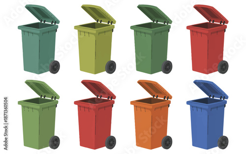 Colorful trash cans with lids open on white background