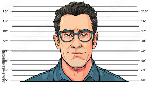 Criminal Mugshot in Police Station - Vector Illustration with Outline