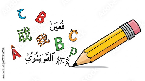 Colorful illustration of a pencil writing in multiple languages with alphabet letters