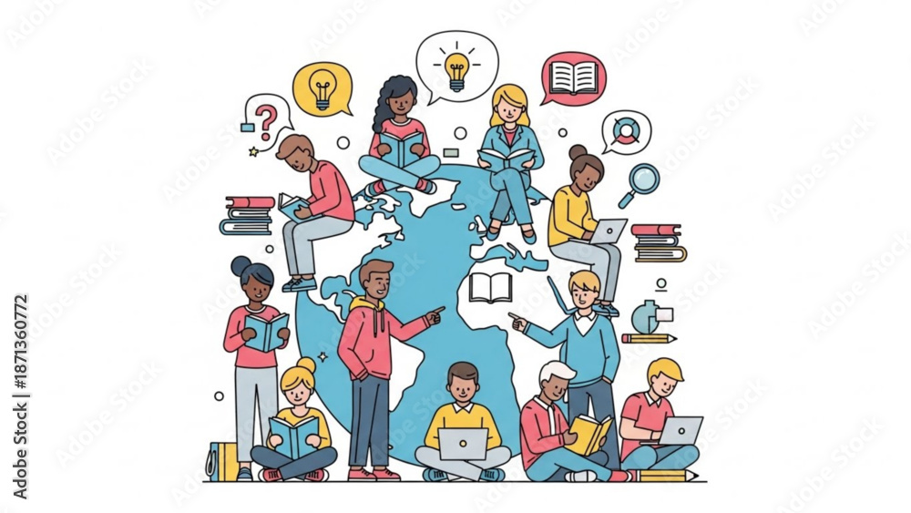 Fototapeta premium Diverse group of people learning and brainstorming together around a large world map with books and laptops