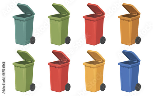 Colorful trash cans with open lids on white background